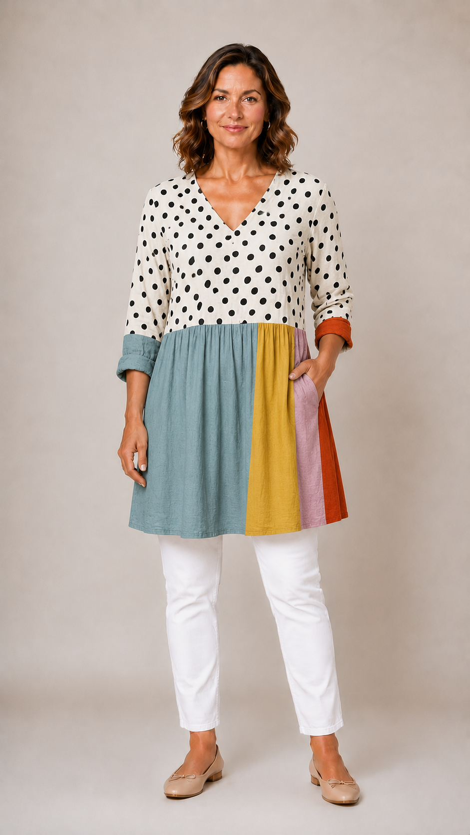Jacqueline Long Blouse with V-Neck in polka dot & colourblock print - The Gold Coast Family