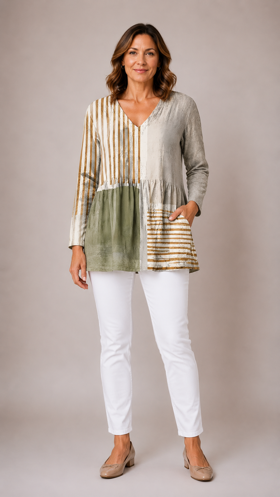 Natalie Long Blouse with V-Neck in geometric colourblock print - The Gold Coast Family