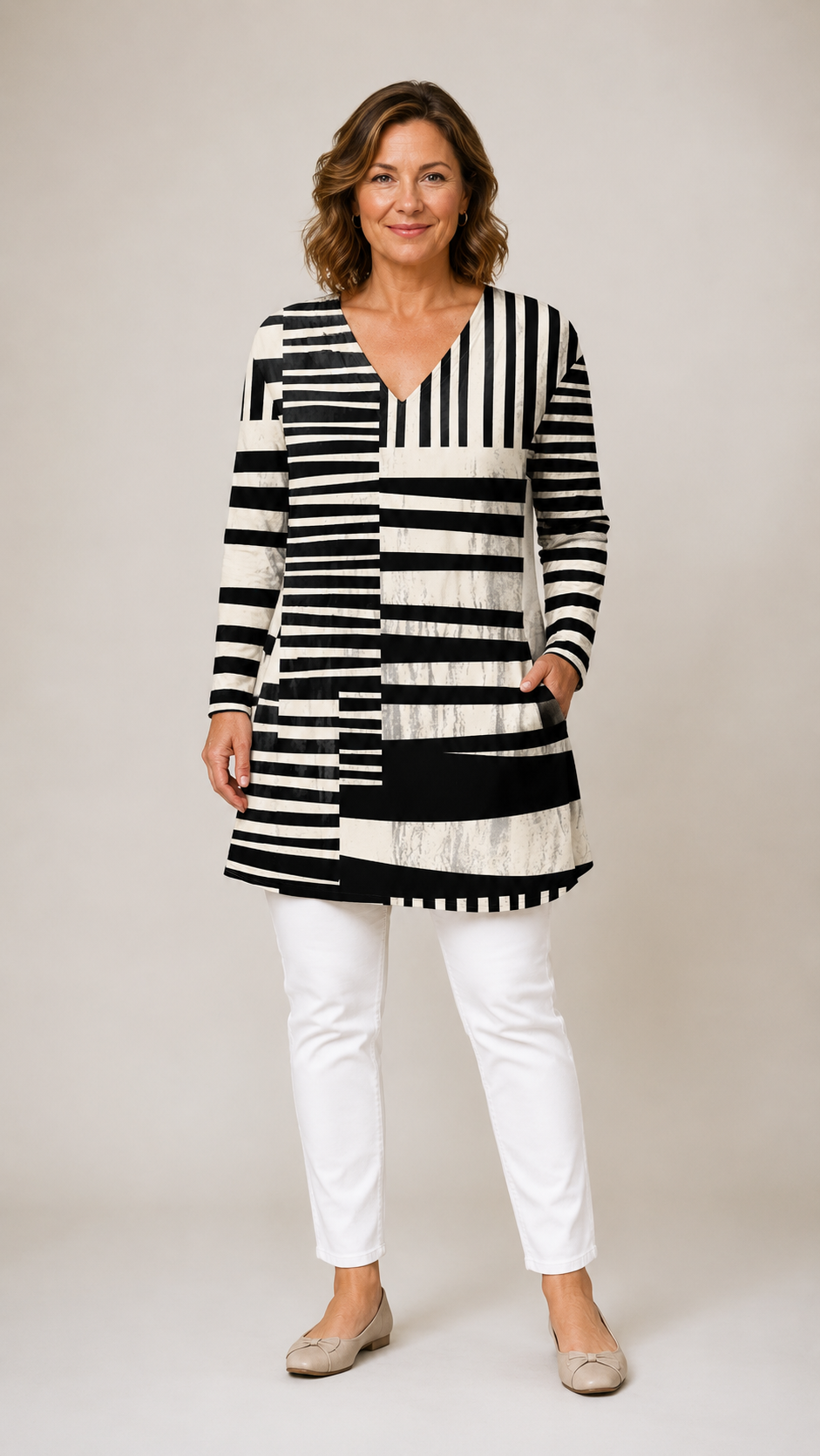 Sienna Long Blouse with V-Neck in geometric stripe patchwork print - The Gold Coast Family