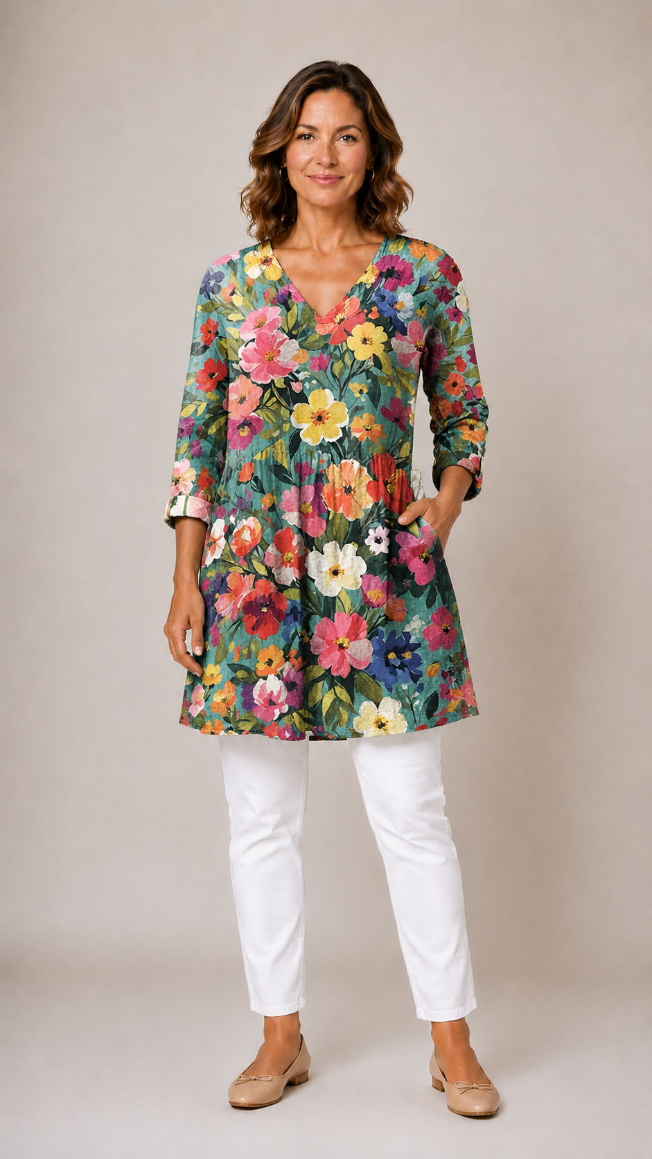 Angel Long Blouse with V-Neck in teal painterly floral print - The Gold Coast Family