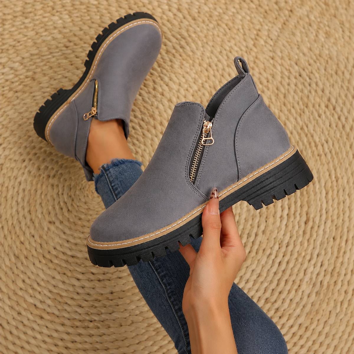Robyn Comfort Ankle Boots in grey blue suede with side zipper, one worn one held - The Gold Coast Family