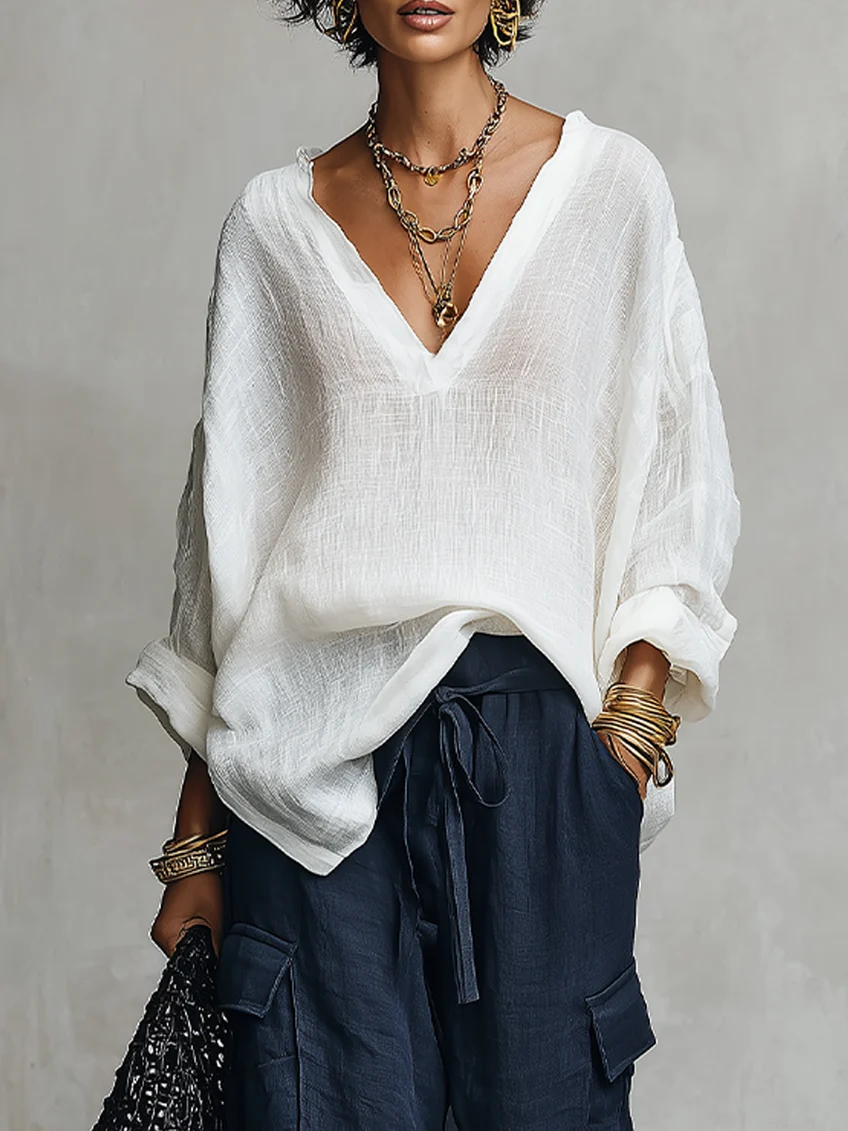 White V-neck Linen Blouse & Navy Wide Leg Pants Two Piece Set