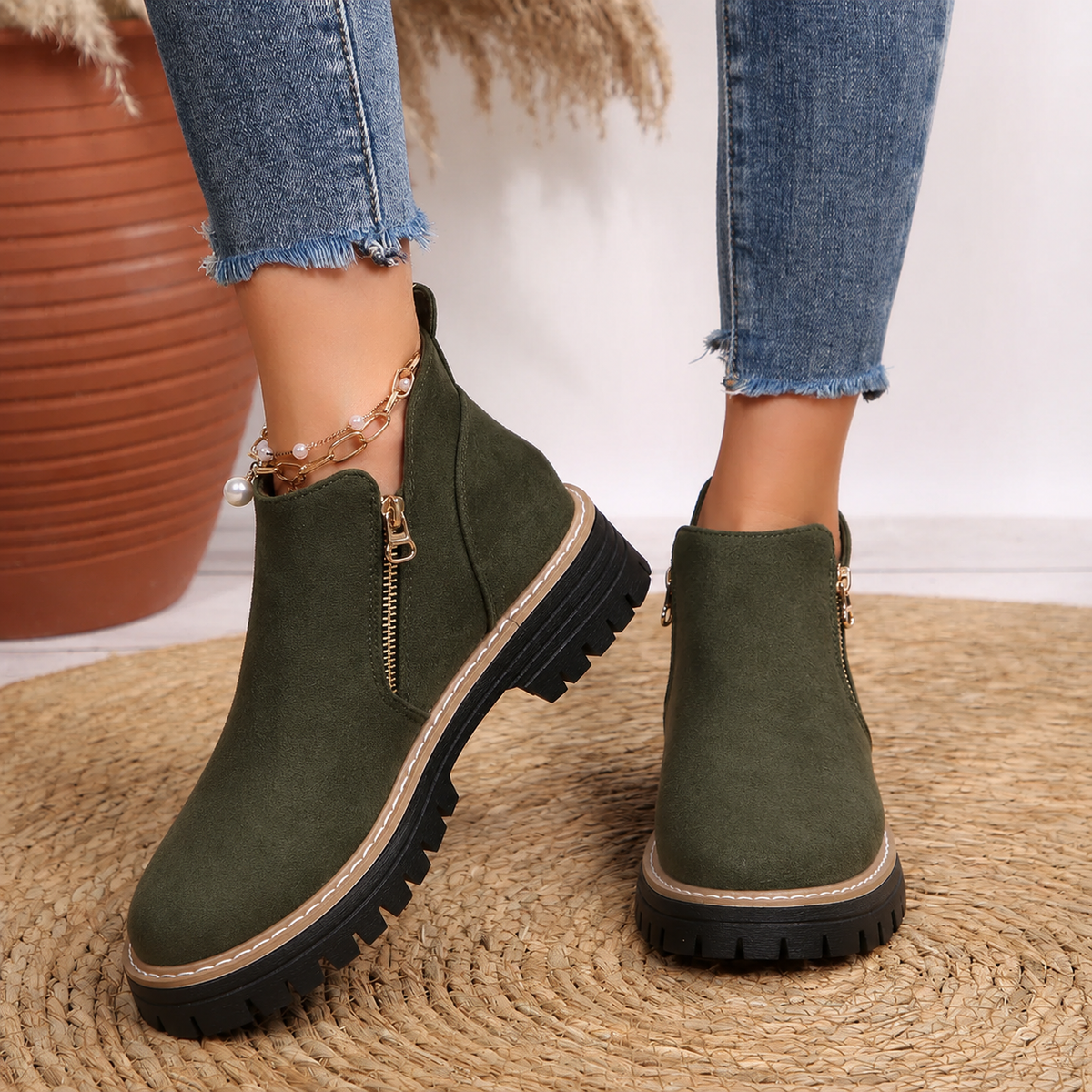 Robyn Comfort Ankle Boots in dark olive green suede with side zipper, worn on both feet - The Gold Coast Family