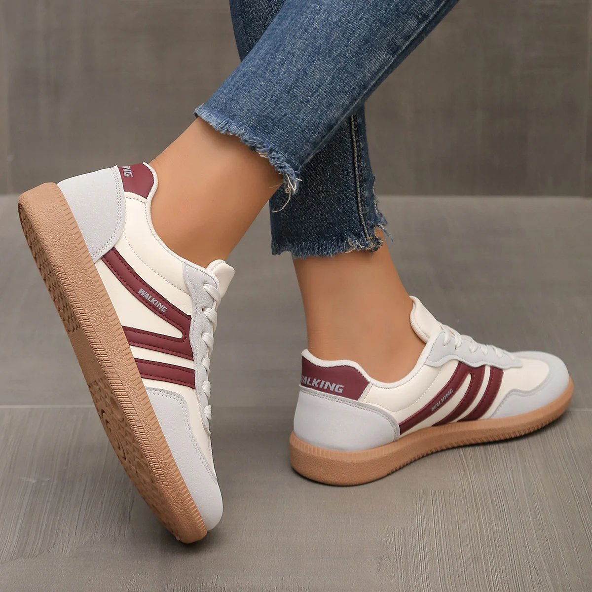 Briony Orthopaedic Cushioned Trainers rear angled view in white with burgundy stripes - The Gold Coast Family