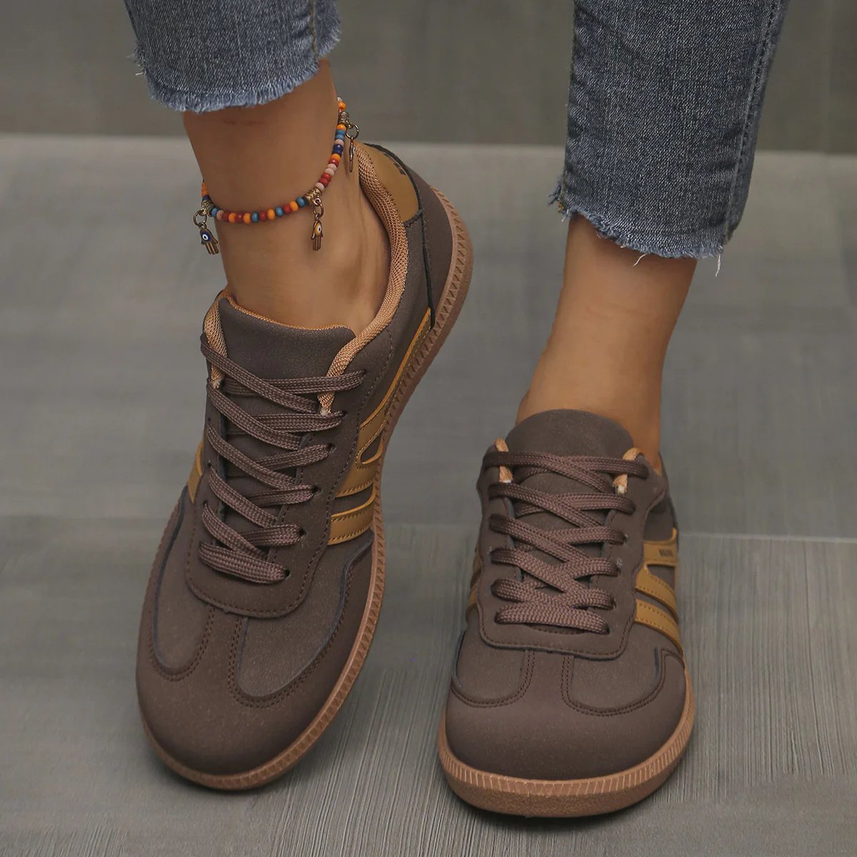 Briony Orthopaedic Cushioned Trainers front close-up in brown mocha with gold stripes - The Gold Coast Family