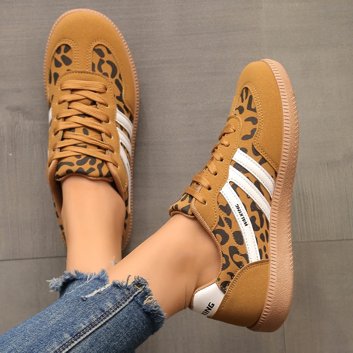 Briony Orthopaedic Cushioned Trainers top-down close view in tan leopard print with white stripes - The Gold Coast Family
