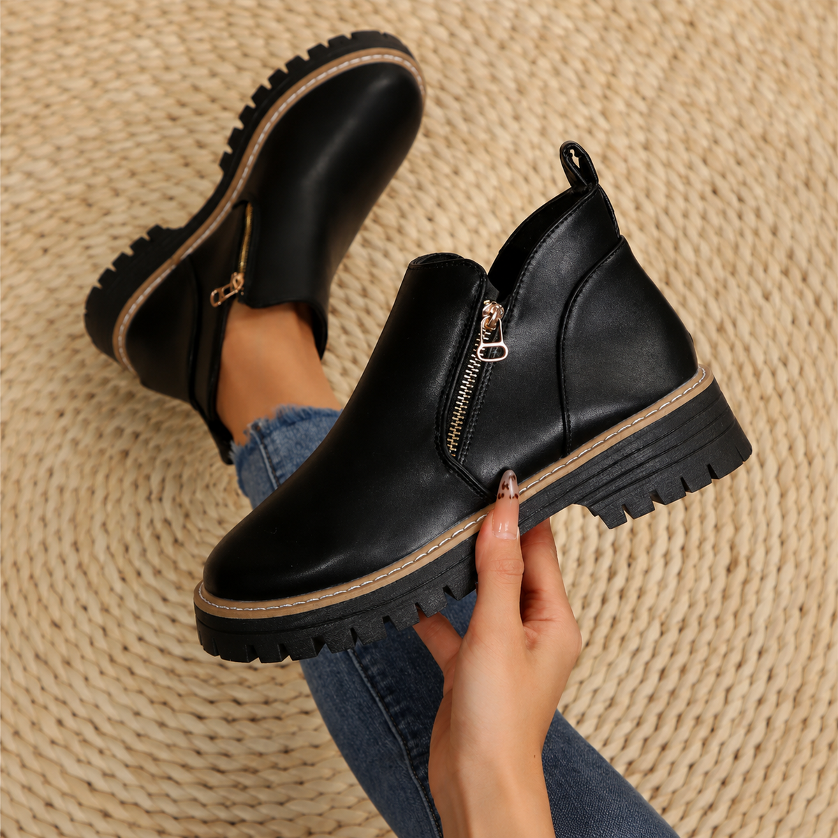 Robyn Comfort Ankle Boots in black leather with side zipper, one worn one held - The Gold Coast Family