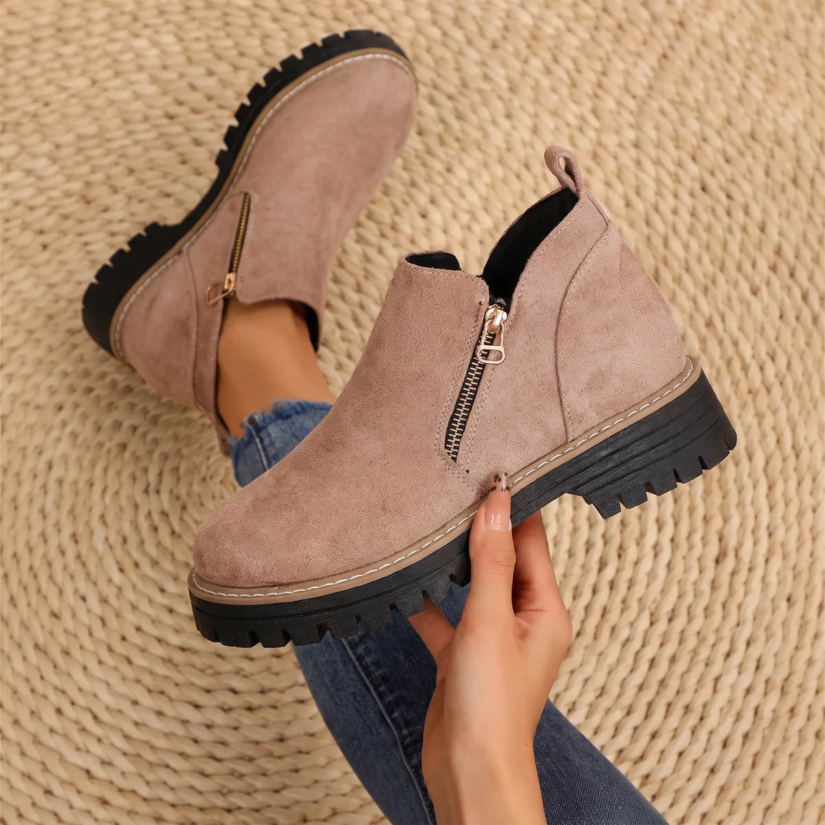 Robyn Comfort Ankle Boots in mauve taupe pink suede with side zipper, one worn one held - The Gold Coast Family