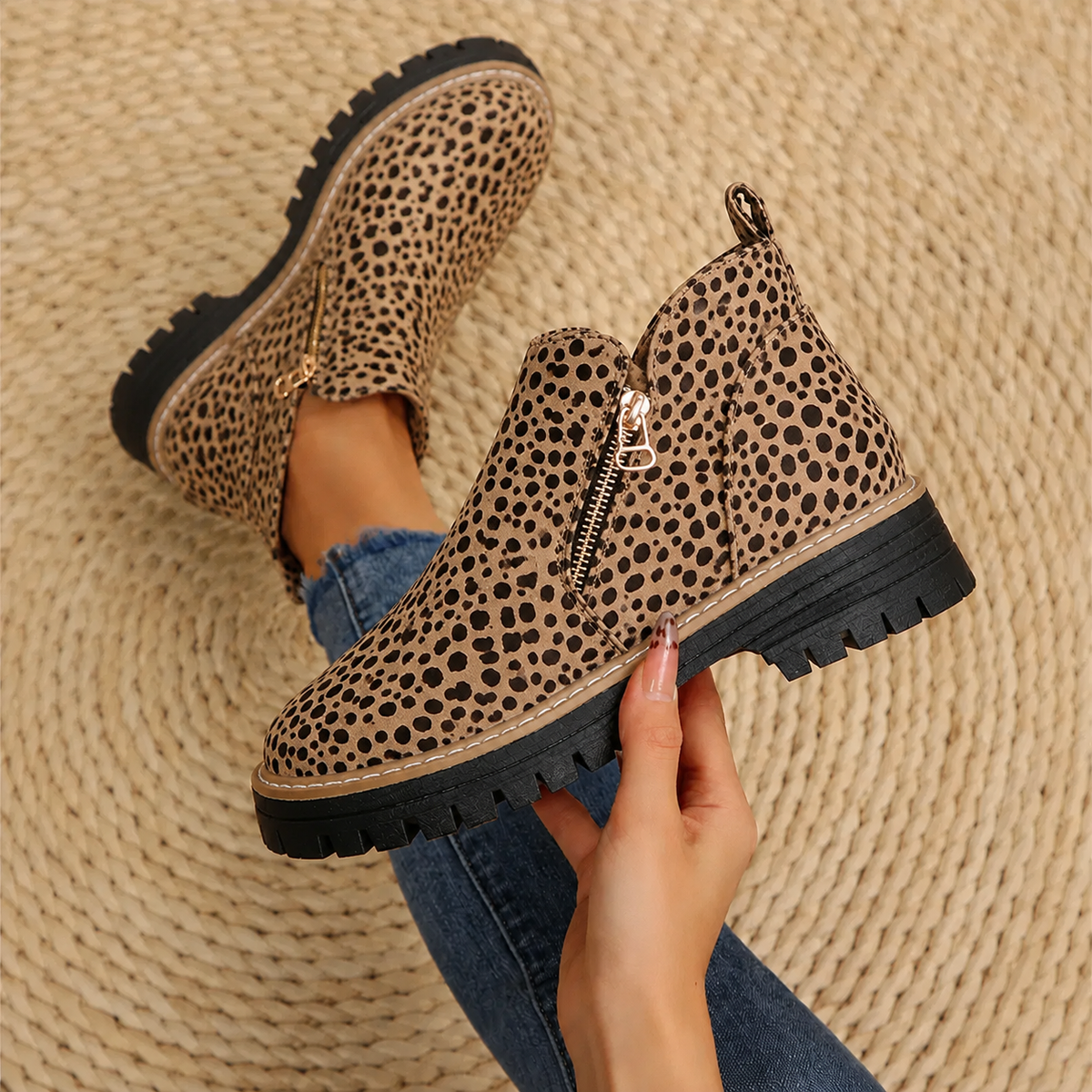 Robyn Comfort Ankle Boots in leopard print with side zipper, one worn one held - The Gold Coast Family