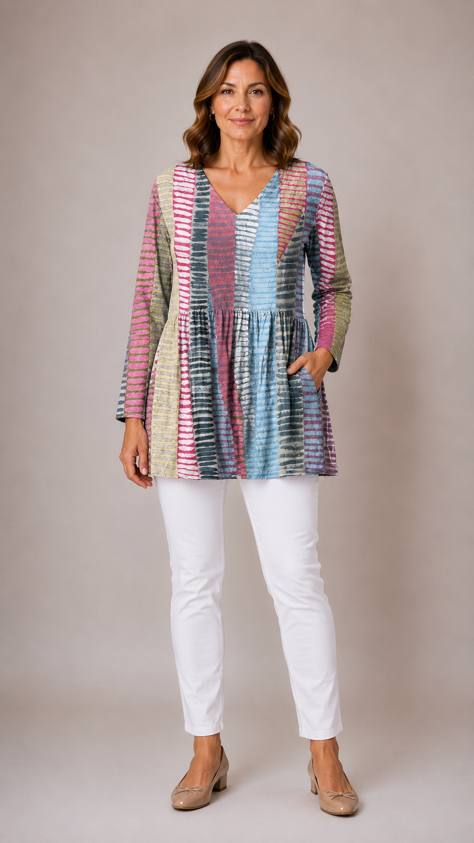 Margo Long Blouse with V-Neck in pastel stripe print - The Gold Coast Family
