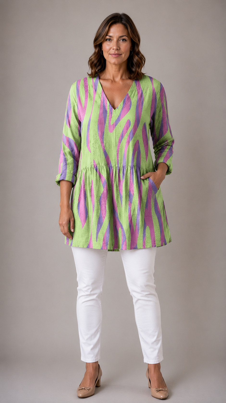 Lyla Long Blouse with V-Neck in abstract wave print - The Gold Coast Family