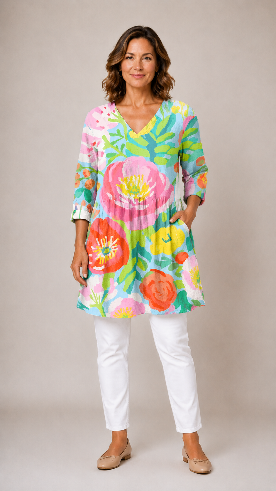Valerie Long Blouse with V-Neck in bright painterly floral print - The Gold Coast Family