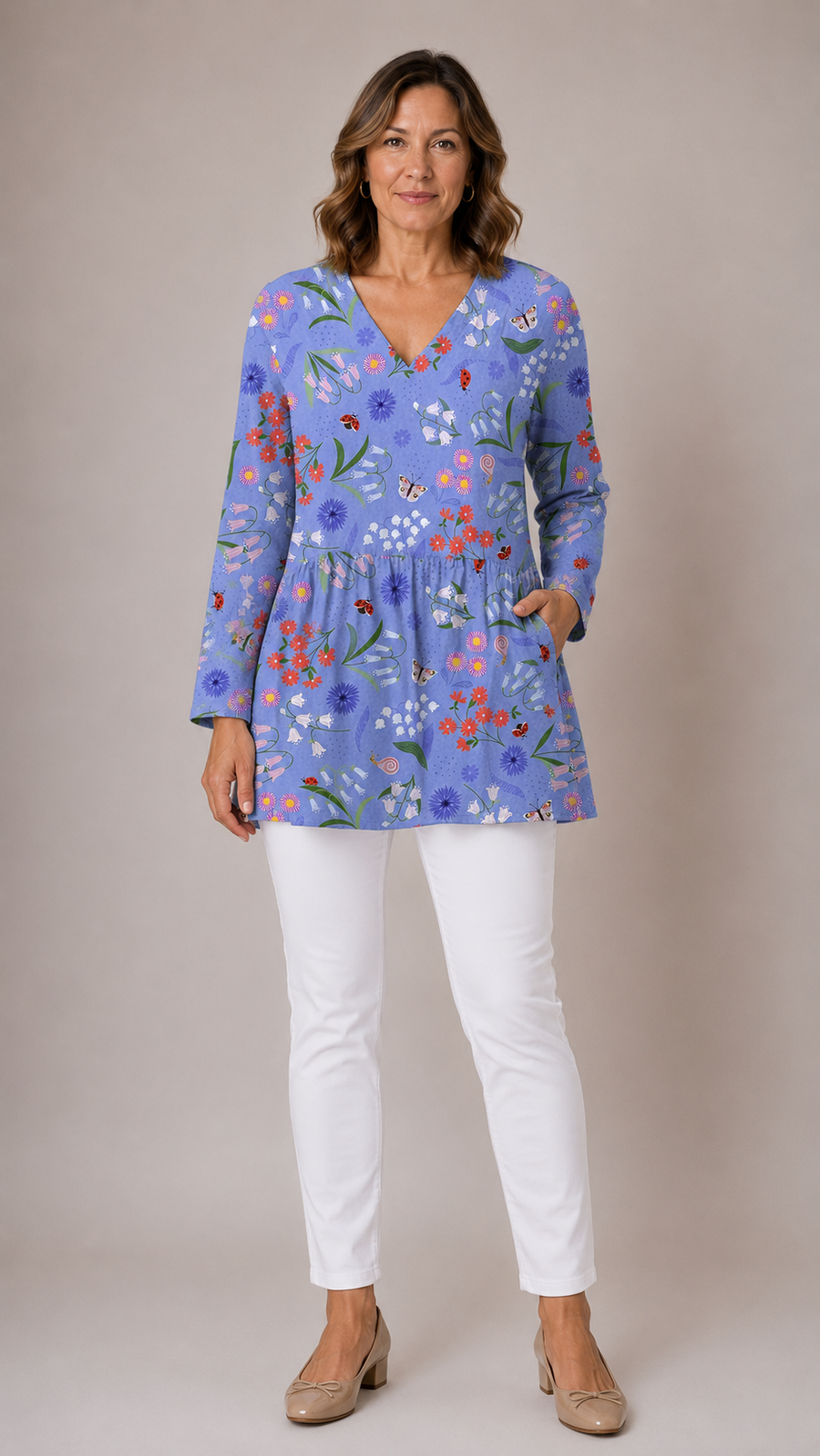 Josie Long Blouse with V-Neck in whimsical floral print - The Gold Coast Family