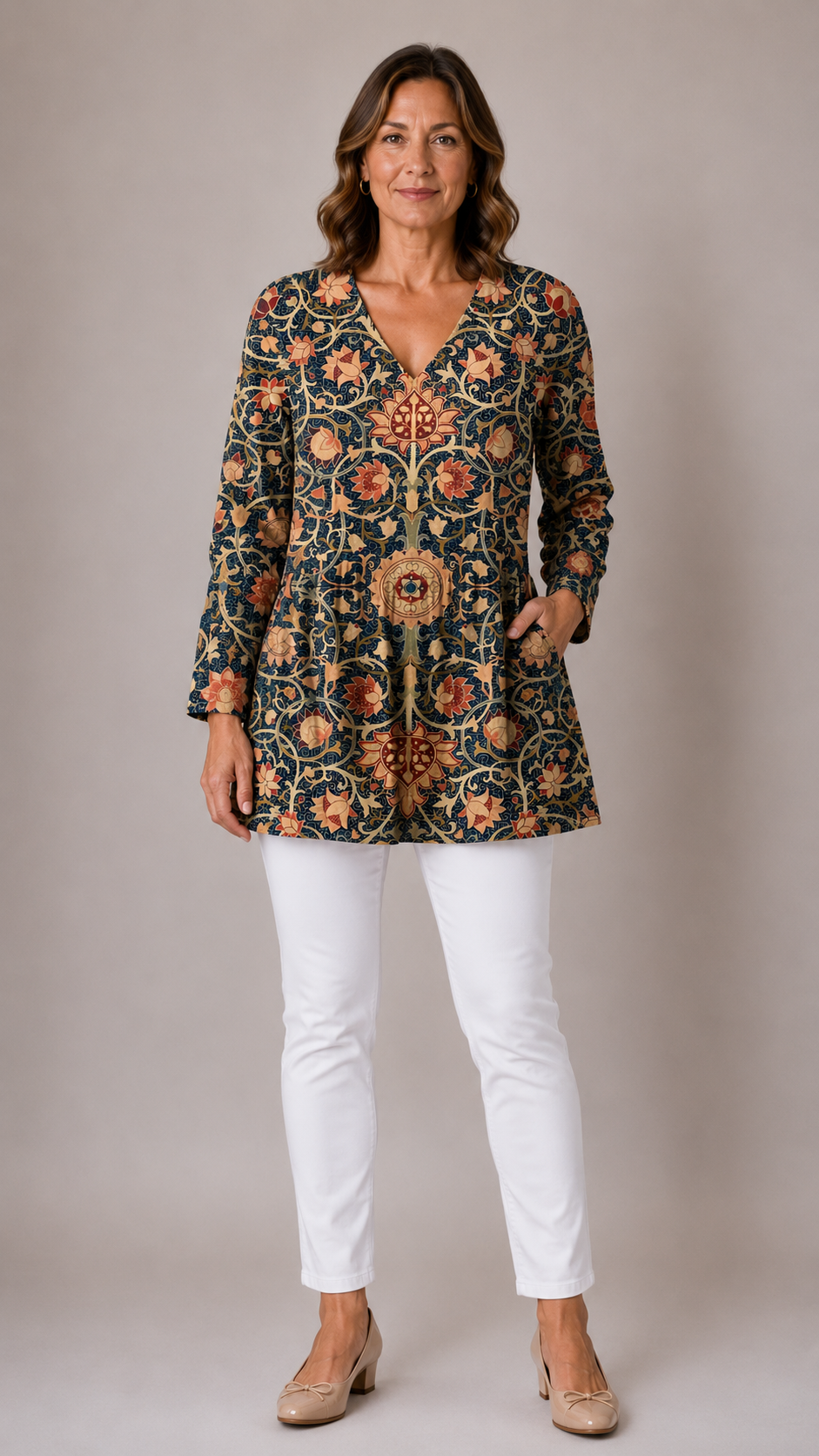 Lilian Long Blouse with V-Neck in navy medallion floral print - The Gold Coast Family