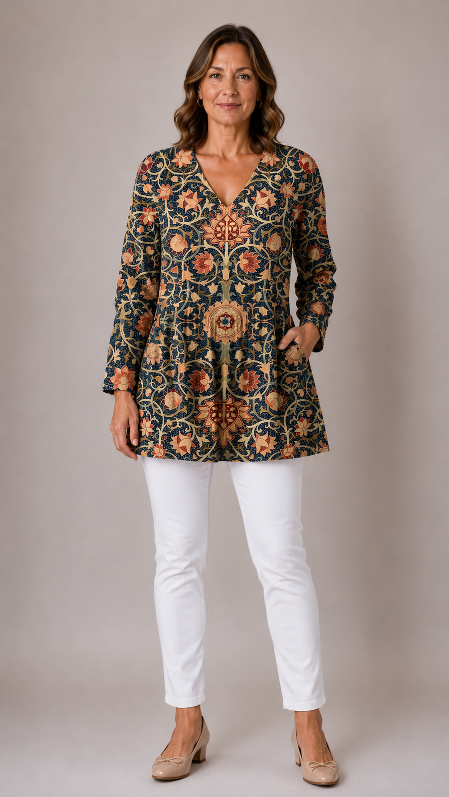 Lilian Long Blouse with V-Neck in navy medallion floral print - The Gold Coast Family