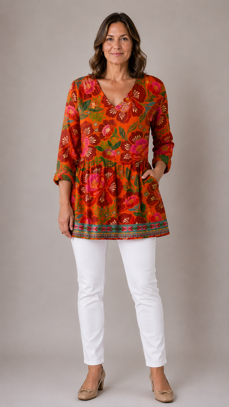 Priscilla Long Blouse with V-Neck in bold floral print - The Gold Coast Family