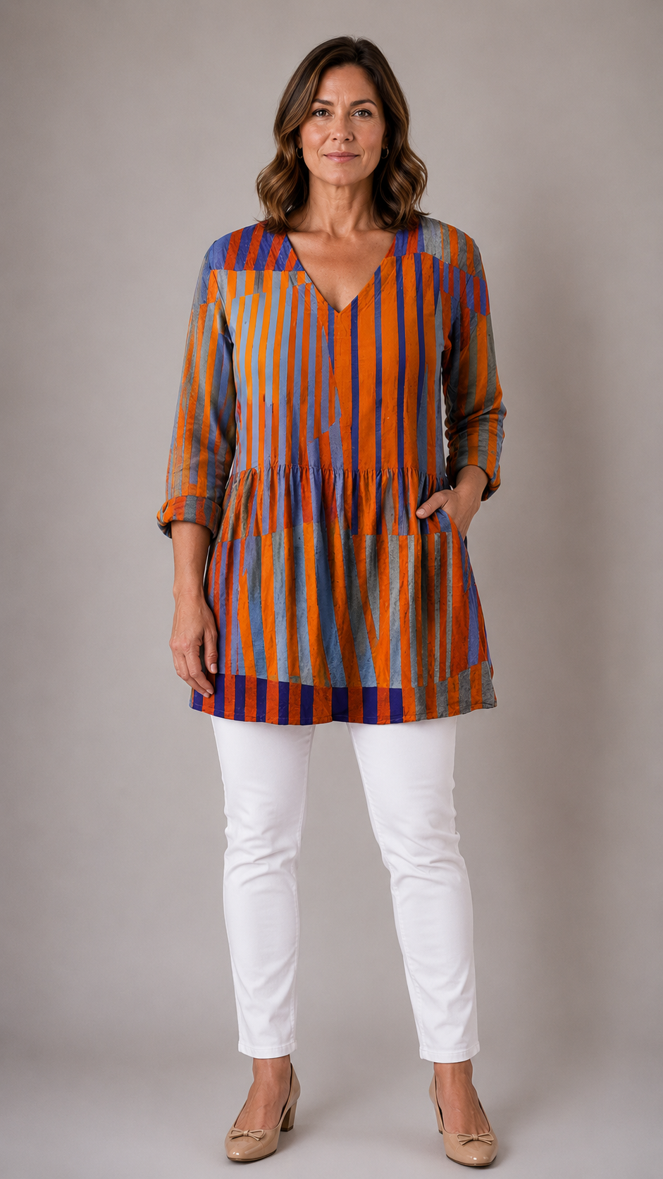 Amaia Long Blouse with V-Neck in geometric stripe print - The Gold Coast Family