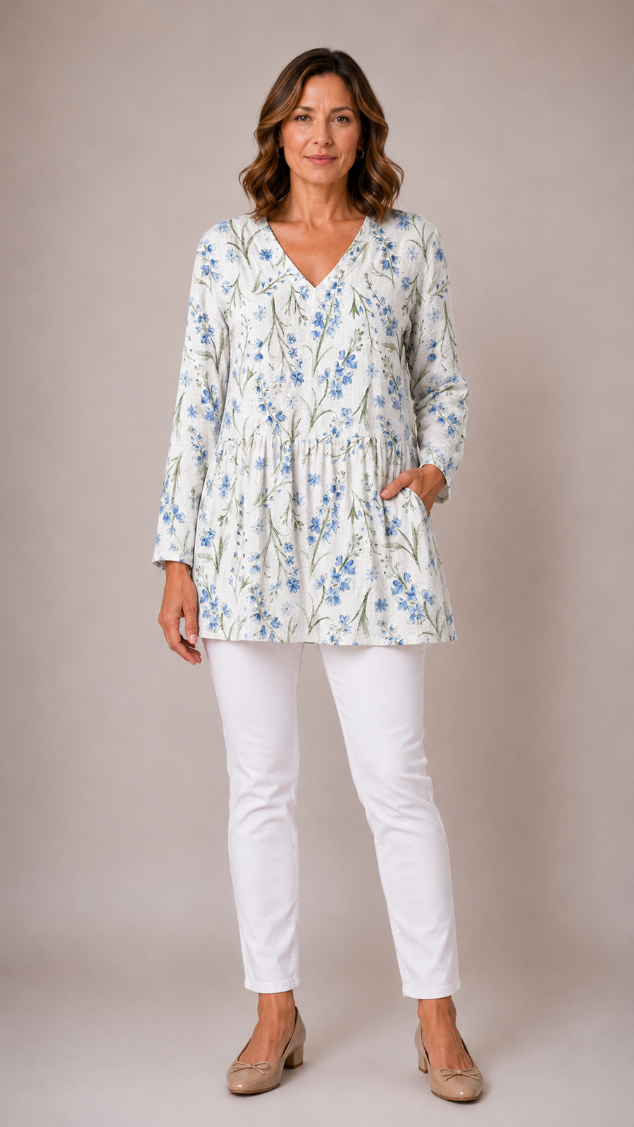 Lenora Long Blouse with V-Neck in delicate floral print - The Gold Coast Family
