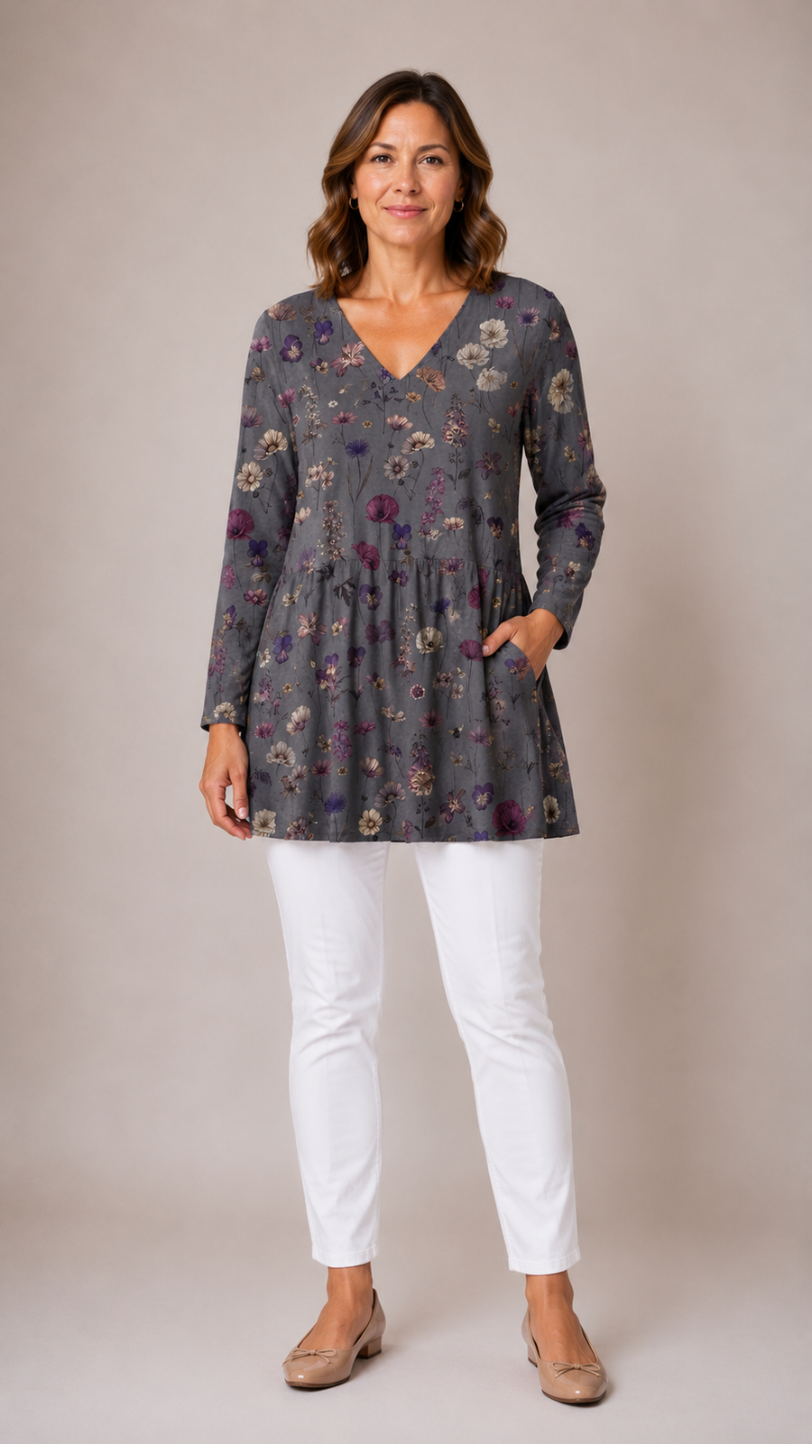 Addison Long Blouse with V-Neck in wildflower floral print - The Gold Coast Family