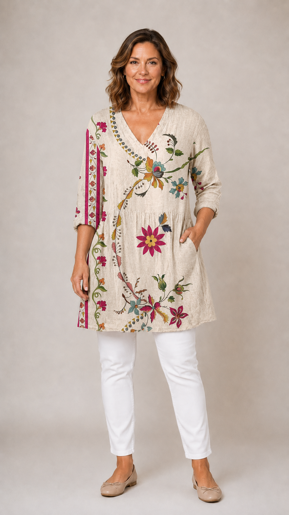 Lottie Long Blouse with V-Neck in beige botanical floral print - The Gold Coast Family