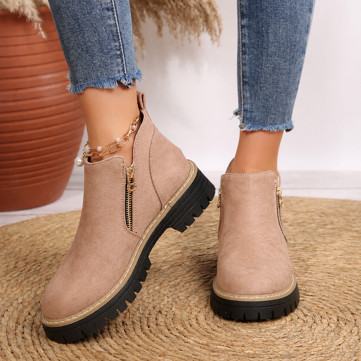 Robyn Comfort Ankle Boots in mauve blush pink suede with side zipper, worn on both feet - The Gold Coast Family