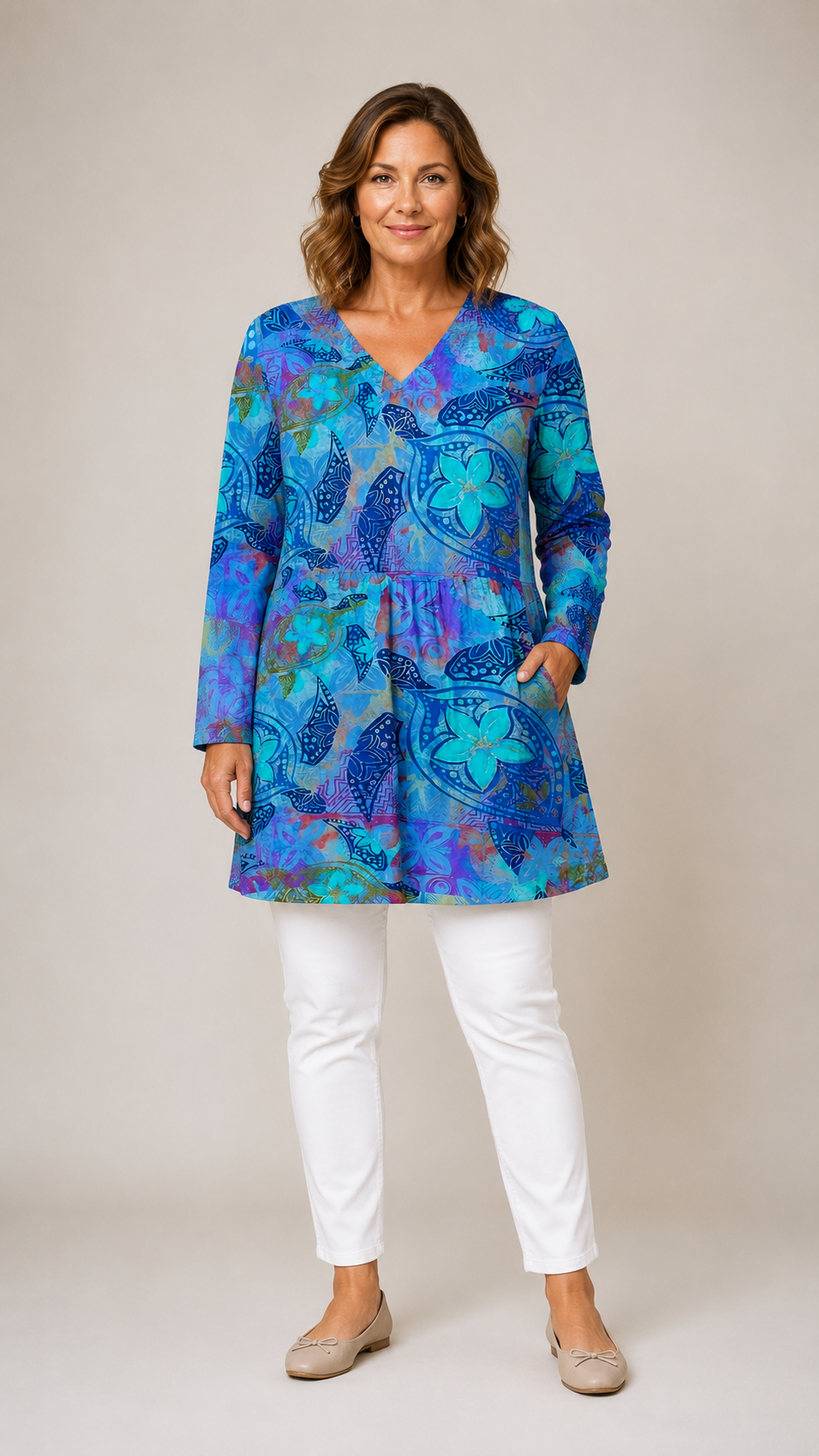 April Long Blouse with V-Neck in abstract floral batik print - The Gold Coast Family