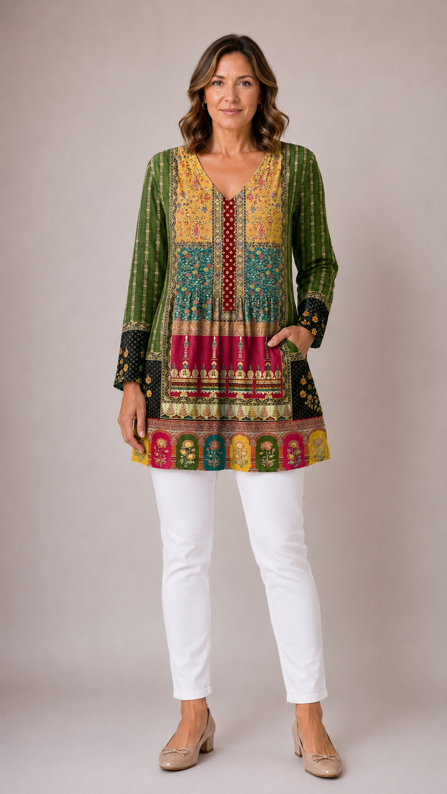 Melody Long Blouse with V-Neck in ethnic patchwork print - The Gold Coast Family