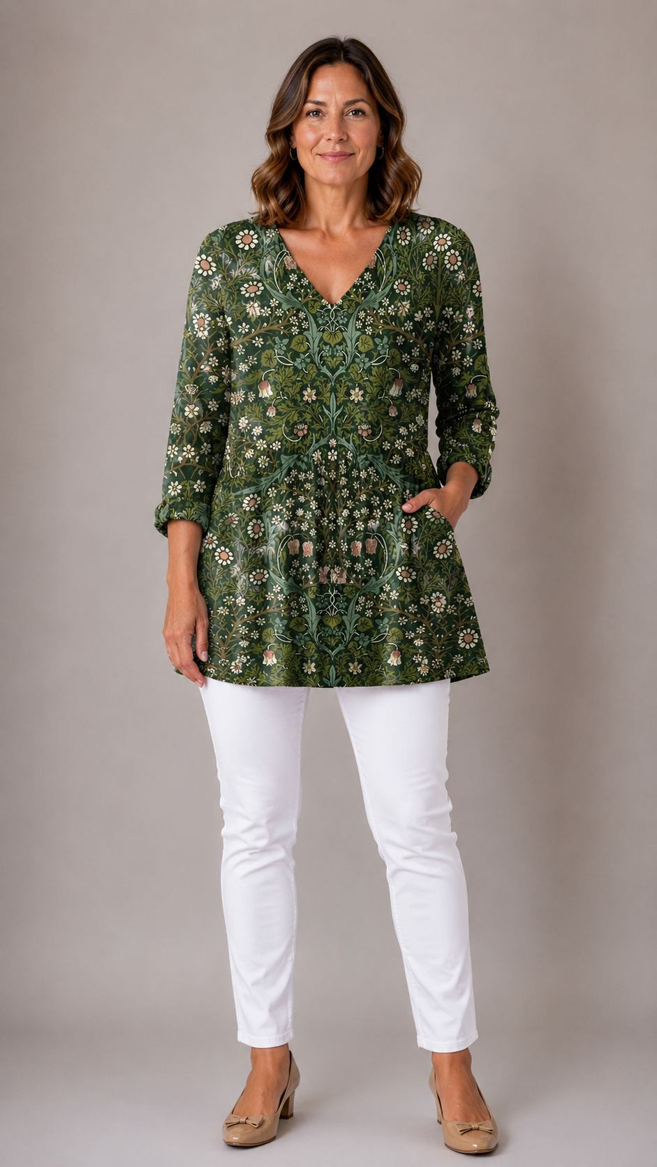 Cecelia Long Blouse with V-Neck in green botanical floral print - The Gold Coast Family