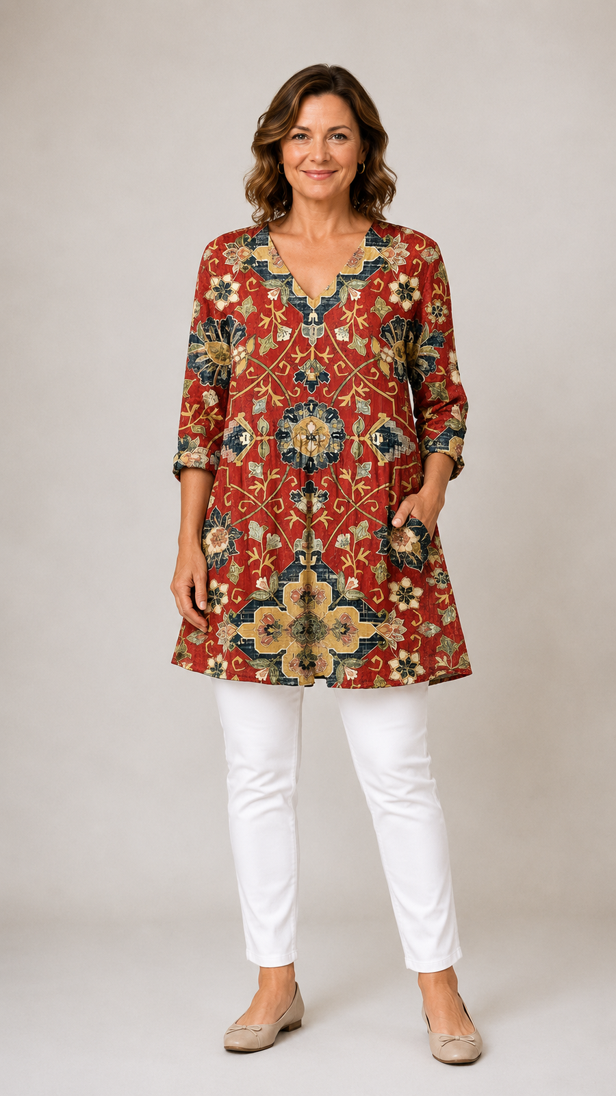 Amoura Long Blouse with V-Neck in red medallion floral print - The Gold Coast Family