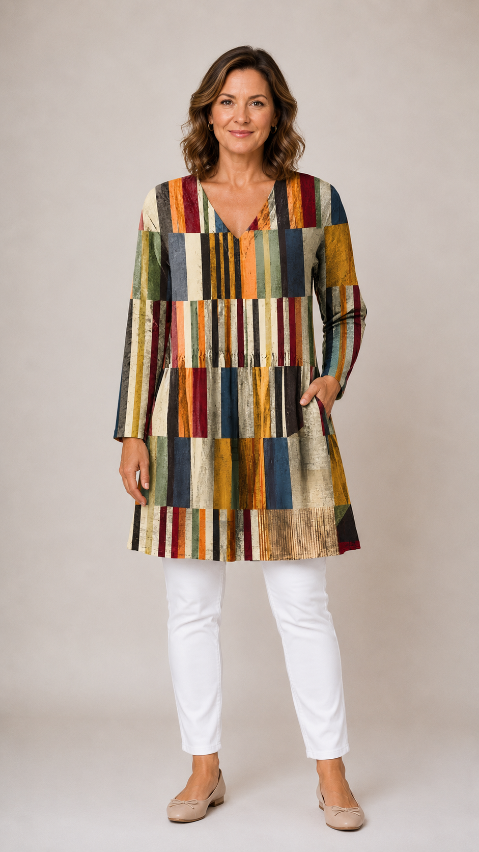 Lydia Long Blouse with V-Neck in geometric patchwork stripe print - The Gold Coast Family