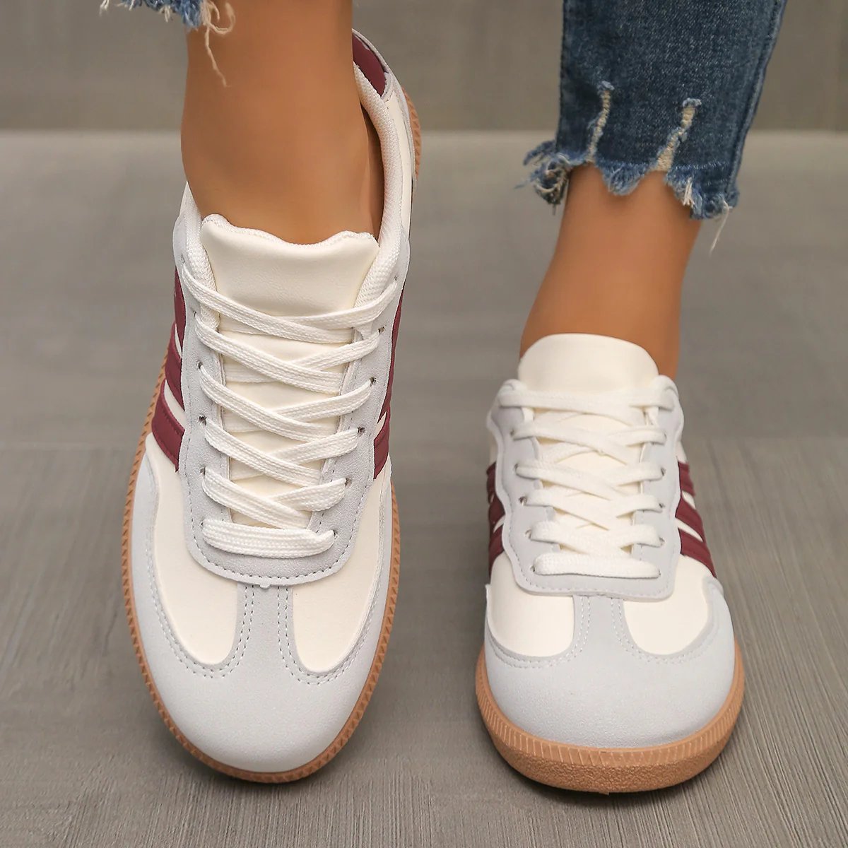 Briony Orthopaedic Cushioned Trainers close front view in white and grey with burgundy stripe - The Gold Coast Family