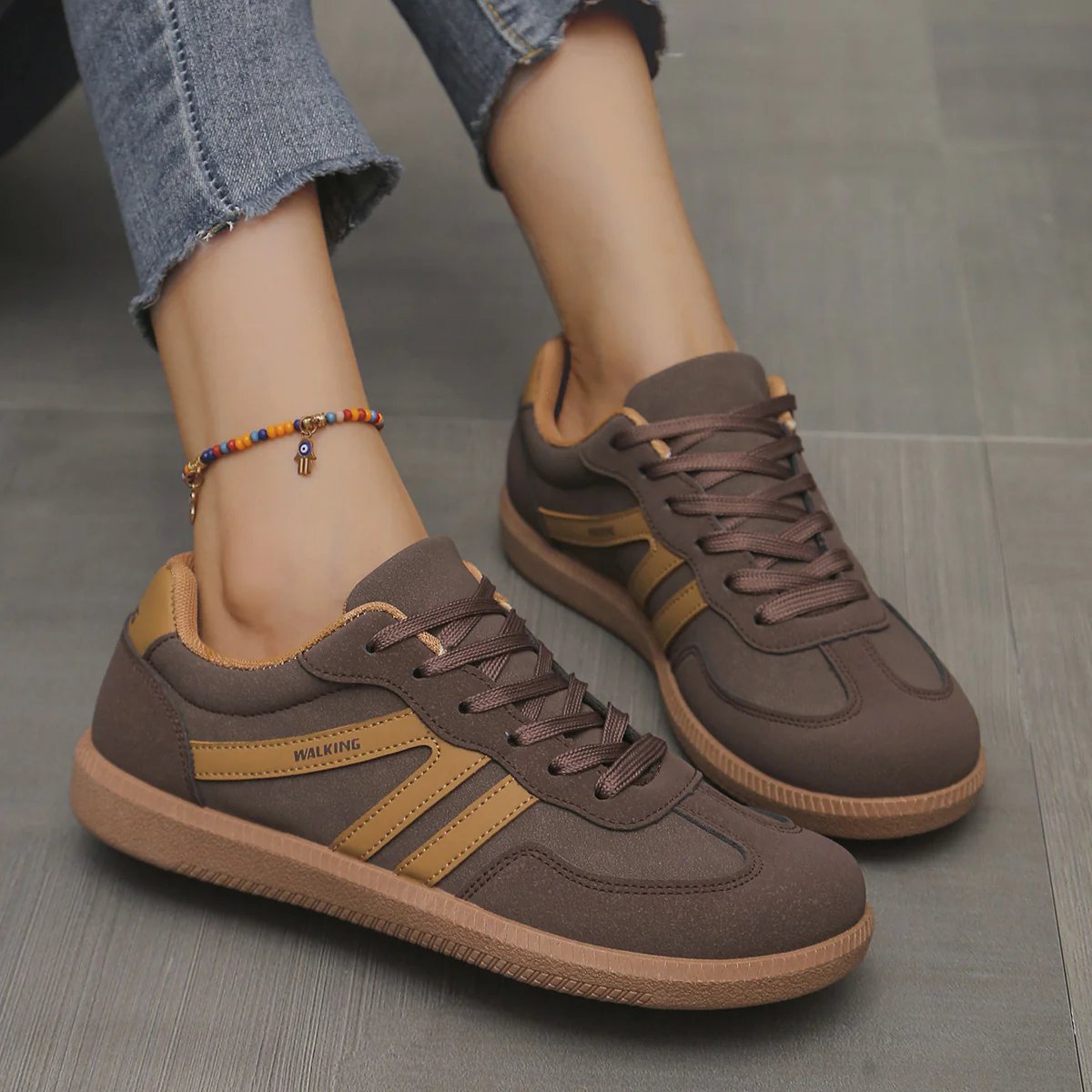 Briony Orthopaedic Cushioned Trainers in brown taupe with mustard stripes, worn on foot - The Gold Coast Family