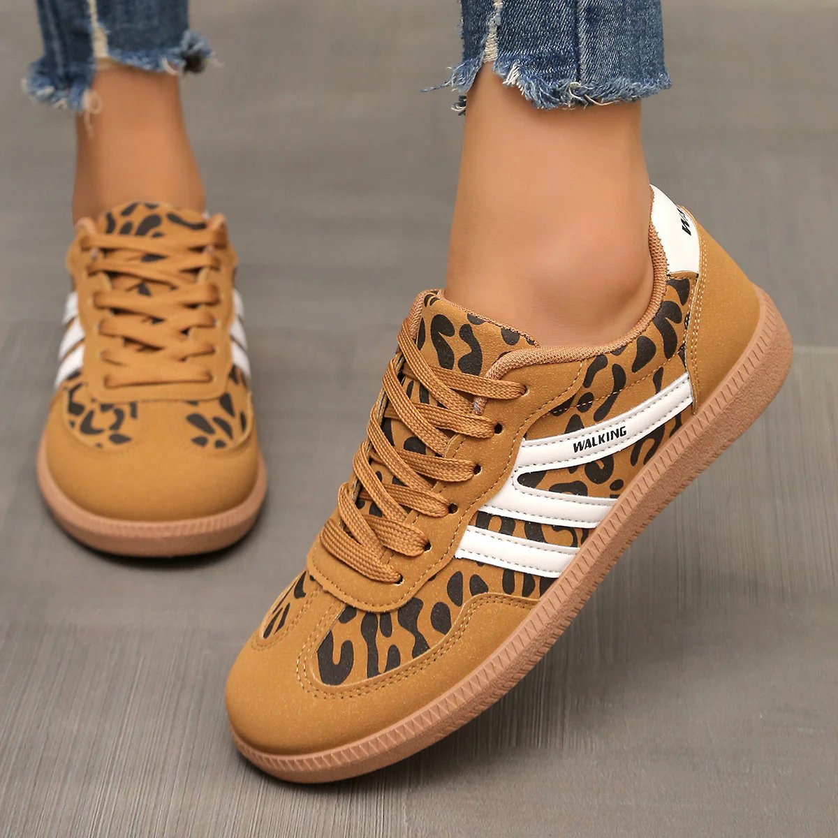 Briony Orthopaedic Cushioned Trainers in tan leopard print with white stripes, worn on foot - The Gold Coast Family