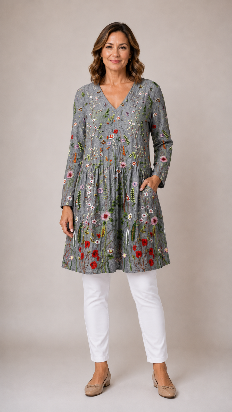 Audrey Long Blouse with V-Neck in grey botanical floral print - The Gold Coast Family