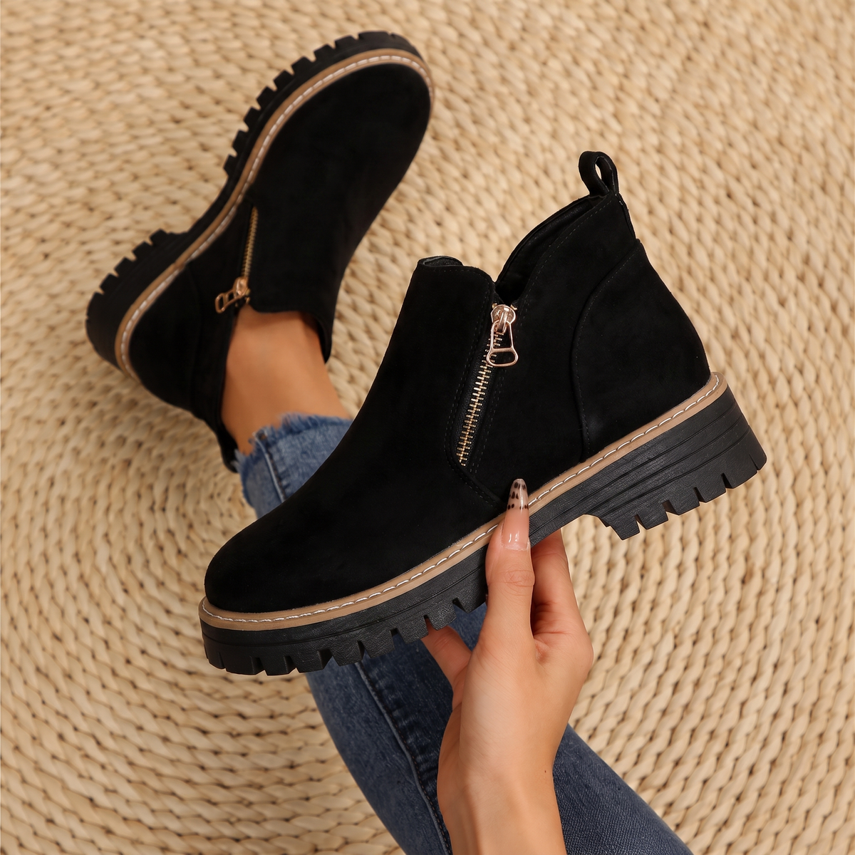 Robyn Comfort Ankle Boots in black suede with side zipper, one worn one held - The Gold Coast Family