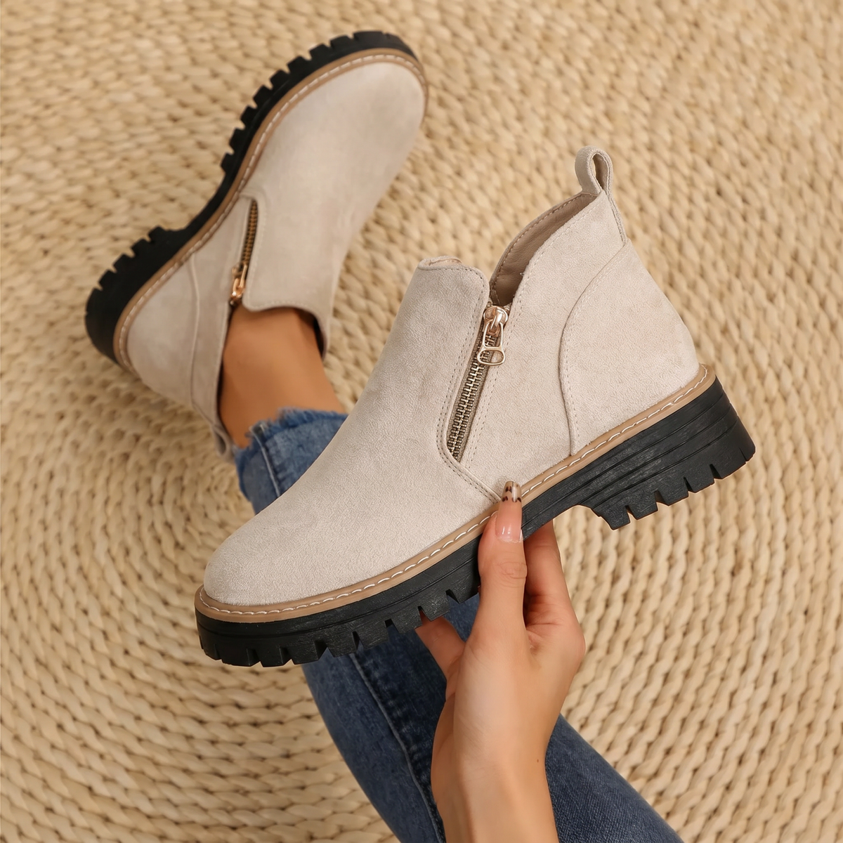 Robyn Comfort Ankle Boots in cream suede with side zipper, one worn one held - The Gold Coast Family