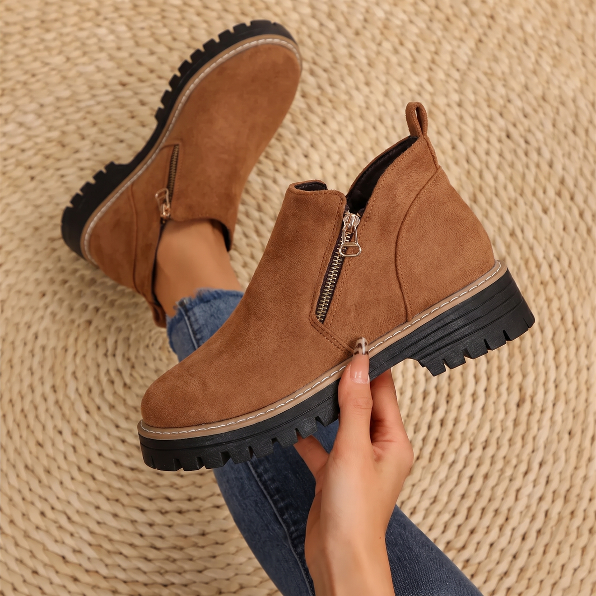 Robyn Comfort Ankle Boots in tan camel suede with side zipper, one worn one held - The Gold Coast Family