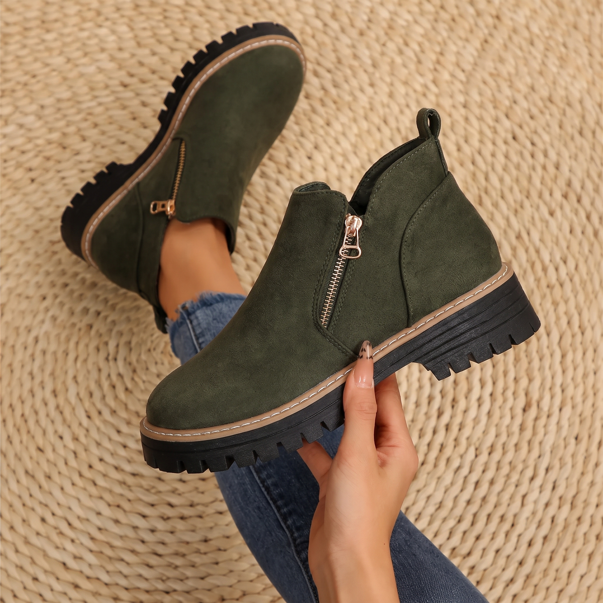 Robyn Comfort Ankle Boots in dark olive green suede with side zipper, one worn one held - The Gold Coast Family