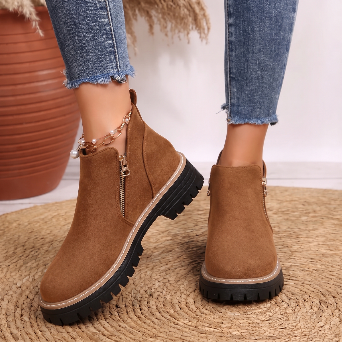 Robyn Comfort Ankle Boots close-up in tan camel suede with side zipper, worn on foot - The Gold Coast Family