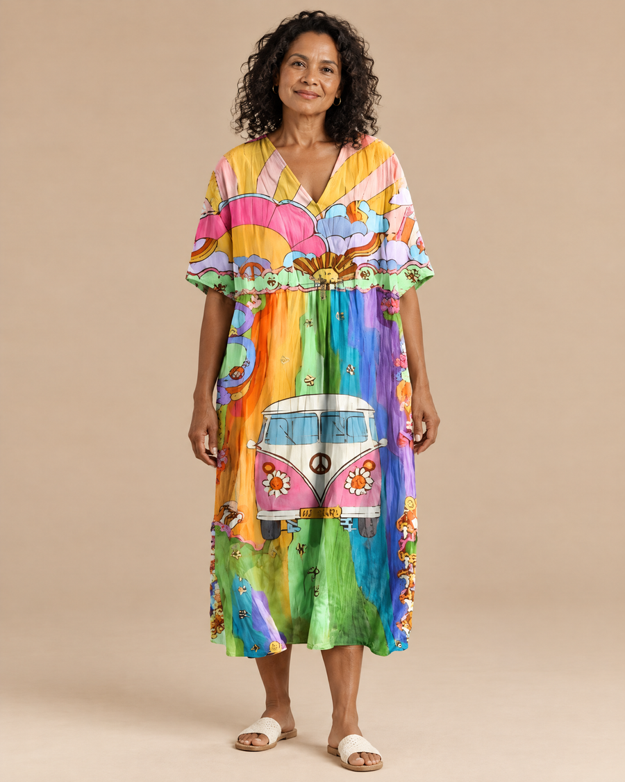 Adele rainbow summer dress on a mature woman in a light beige studio