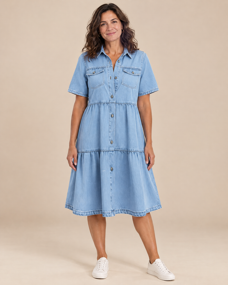 aleena casual elegant denim dress in a light beige studio