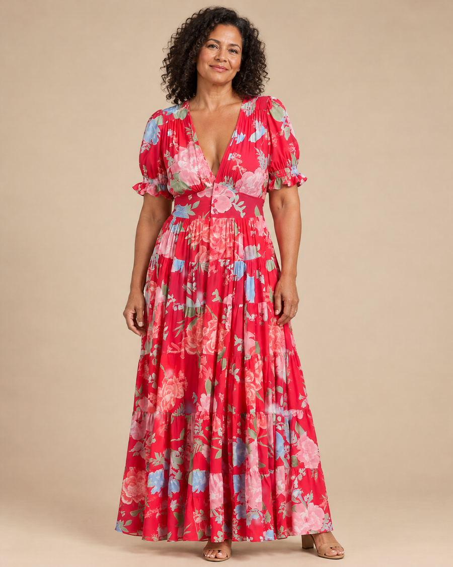alessia elegant floral v neck dress in a light beige studio