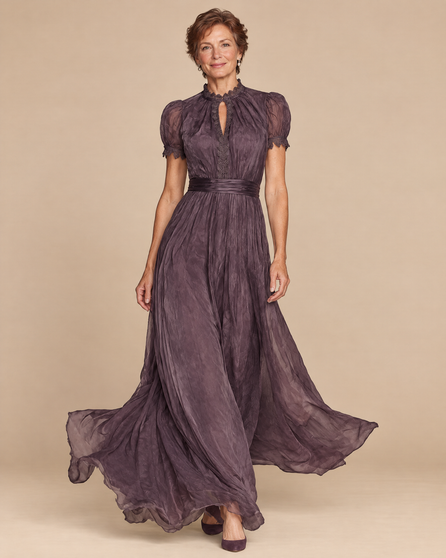 amelie chiffon lace maxi dress in a light beige studio