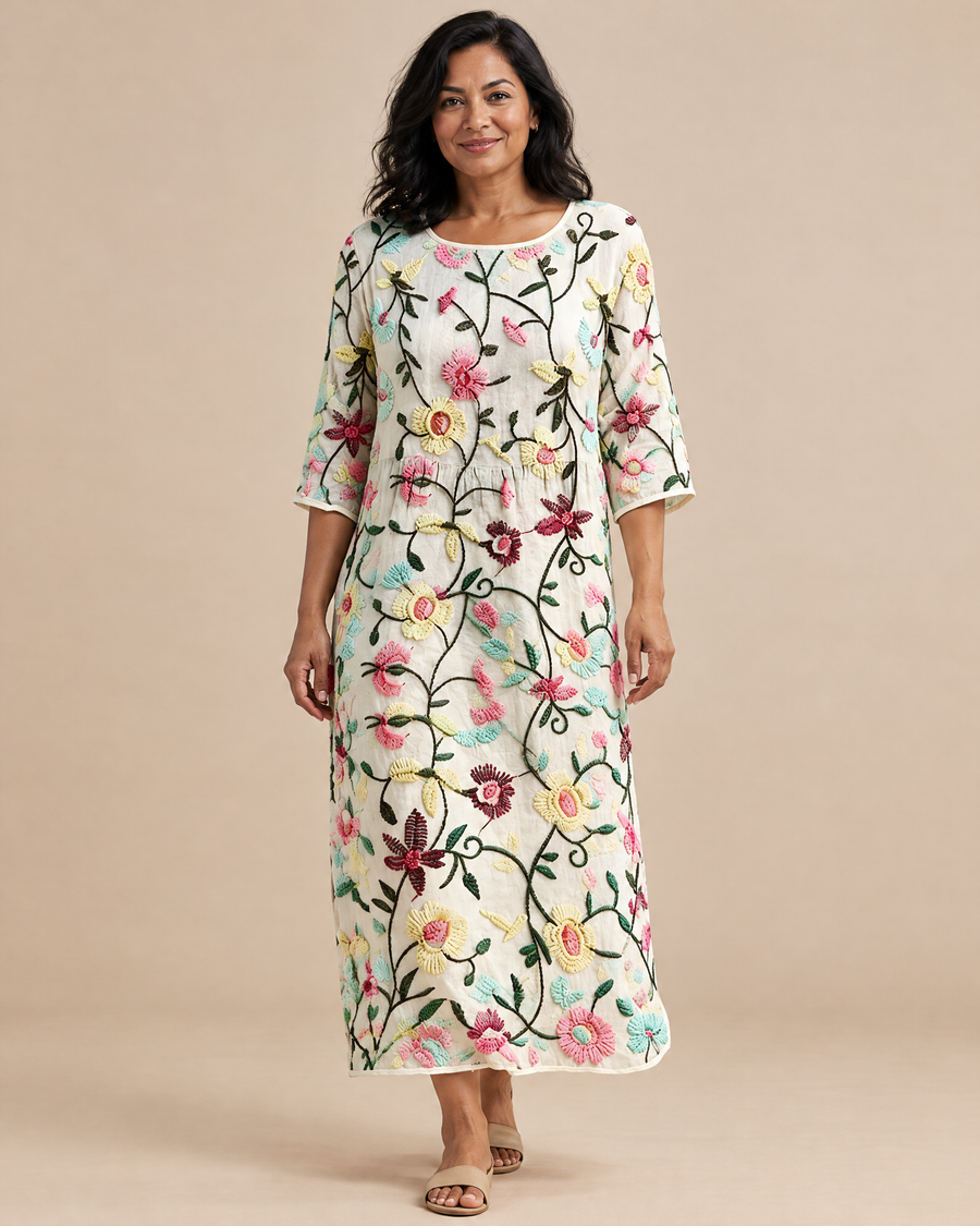 anastasia floral pattern dress in a light beige studio