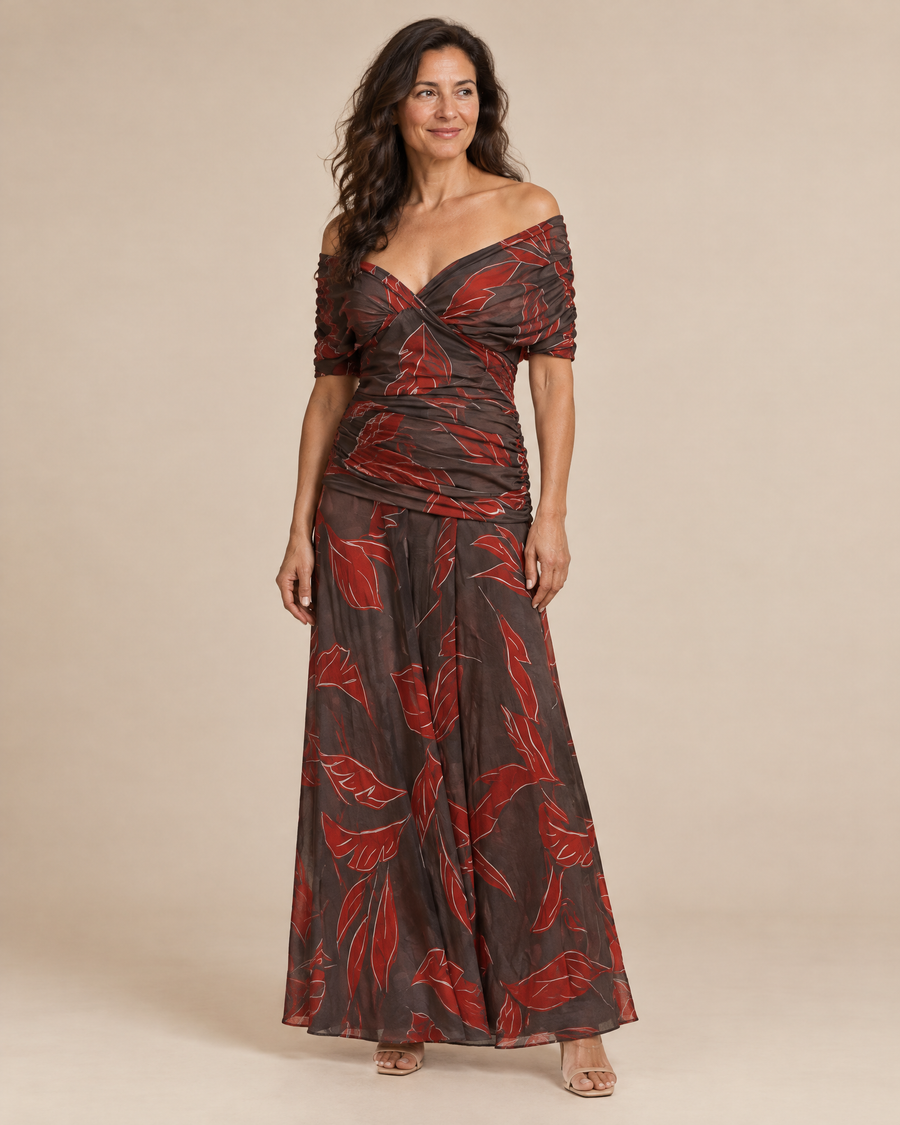 brown leaf print occasion dress in a light beige studio