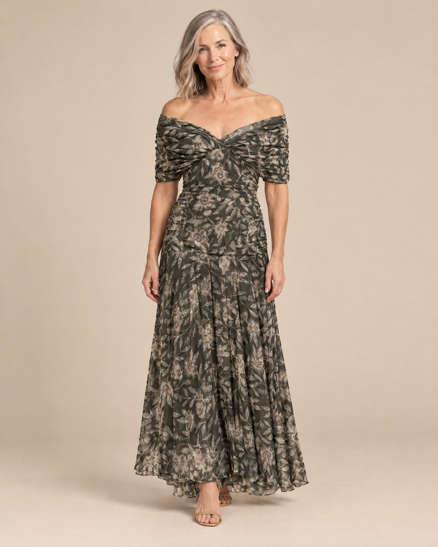 elegant botanical print dress in a light beige studio