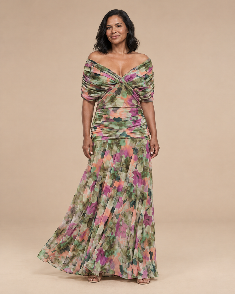 elegant multicolour occasion dress in a light beige studio