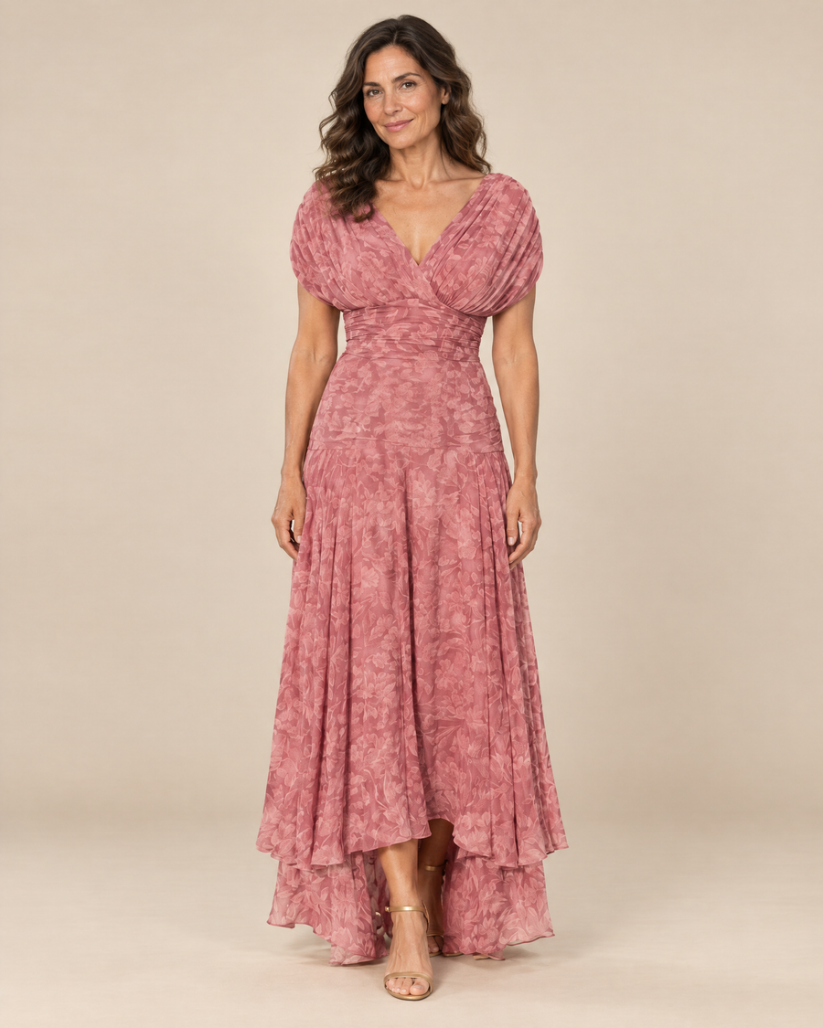 elegant pink flowing dress in a light beige studio