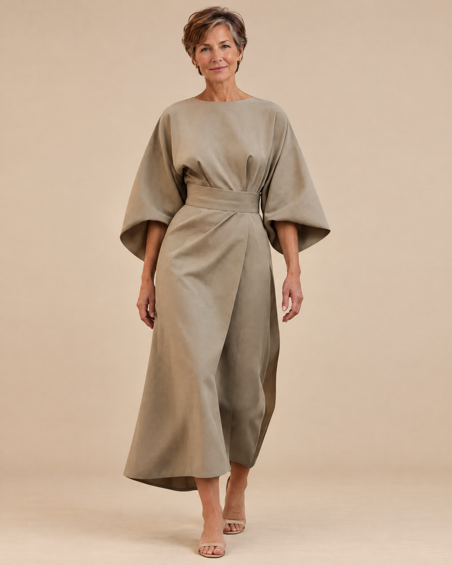 evelina womens elegant dress in a light beige studio