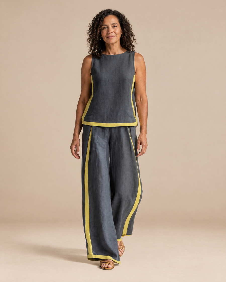 leslie chic linen set in a light beige studio